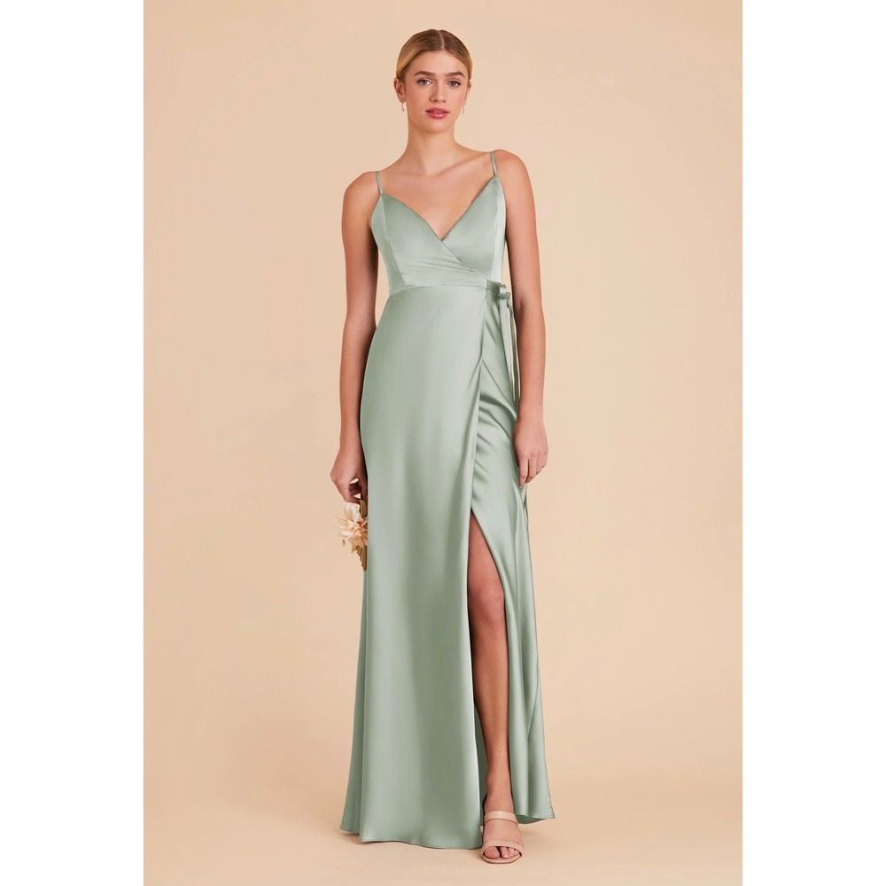 Birdy Grey Satin Cindy Dress Sage Green Bridesmaid Formal Wrap Gown Size L